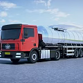 Red Cab Silver Tanker Truck Fuel Transport Vehicle on Blue Sky Road Surface