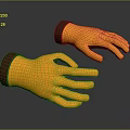 Two Orange Woven Texture Sculpture Gloves Featuring Red Cuffs And Black Background Reflections 3d model
