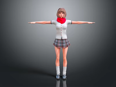 Schoolgirl In Uniform With Red Scarf Standing Arms Outstretched On Gray Background 3d model