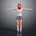 Schoolgirl In Uniform With Red Scarf Standing Arms Outstretched On Gray Background