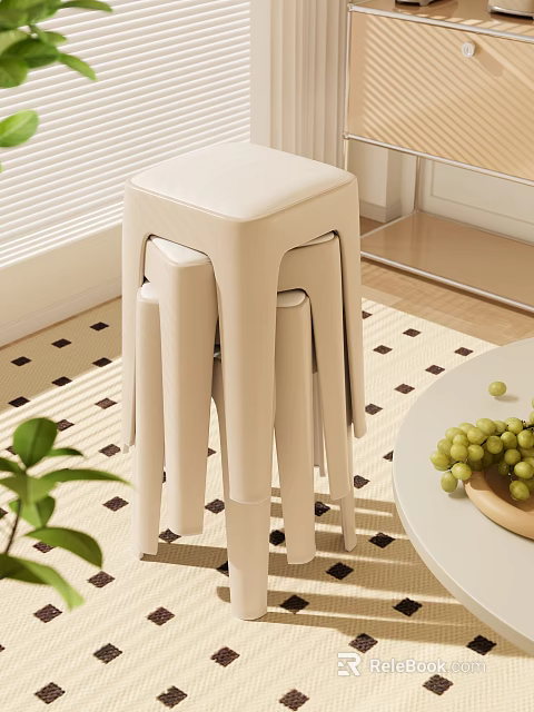 Minimalist Stackable Beige Stools in Modern Home Interior with Round Table Green Plants and Grapes 3d model 