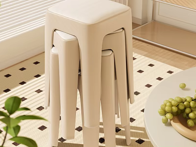 Minimalist Stackable Beige Stools in Modern Home Interior with Round Table Green Plants and Grapes 3d model