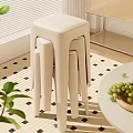 Minimalist Stackable Beige Stools in Modern Home Interior with Round Table Green Plants and Grapes