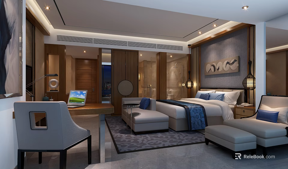 Modern Hotel Guest Room Interior With Comfortable Bed Sofa Chair And Wooden Decor 3d model 