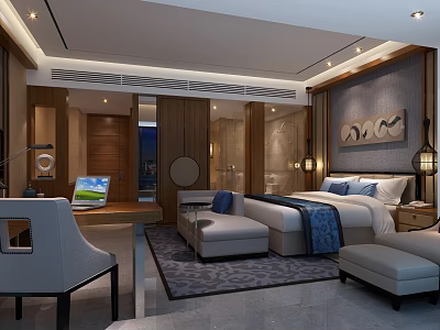 Modern Hotel Guest Room Interior With Comfortable Bed Sofa Chair And Wooden Decor 3d model