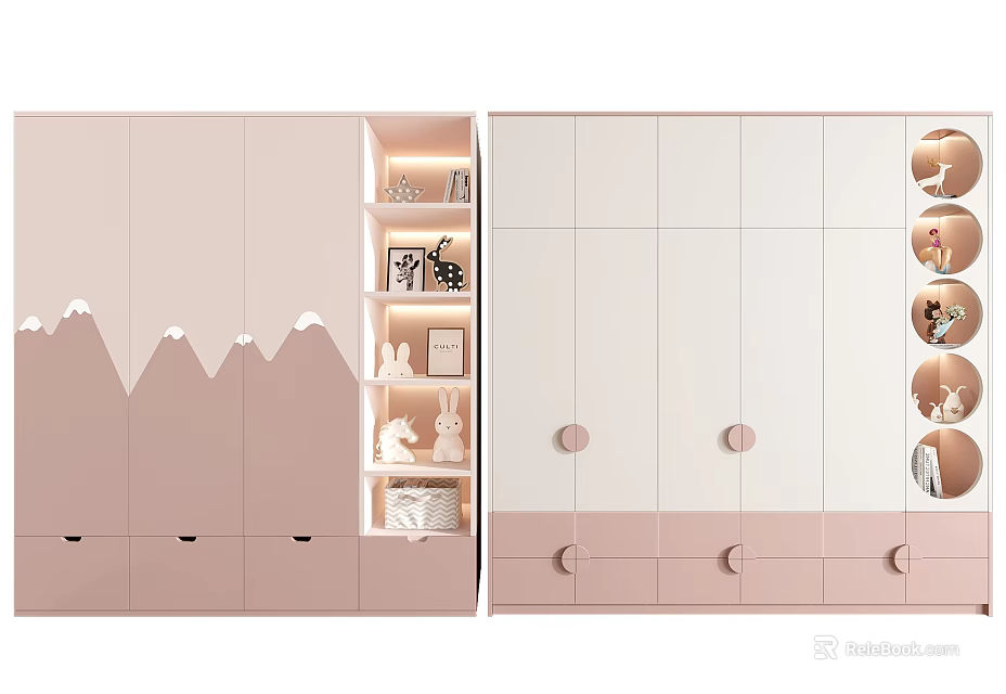 Modern Pink And White Wardrobe Design With Mountain Pattern Storage Shelves And Round Handles 3d model 