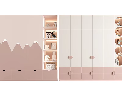 Modern Pink And White Wardrobe Design With Mountain Pattern Storage Shelves And Round Handles 3d model