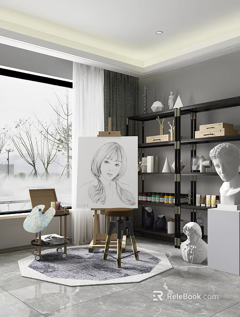 Art Studio Setup with Easel Sketch Paint Bottles and Sculpture Display Shelf 3d model 