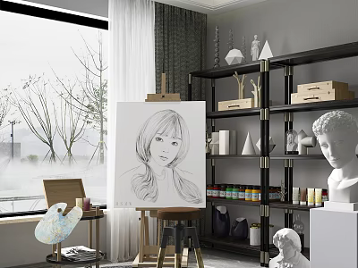 Art Studio Setup with Easel Sketch Paint Bottles and Sculpture Display Shelf 3d model