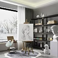 Art Studio Setup with Easel Sketch Paint Bottles and Sculpture Display Shelf