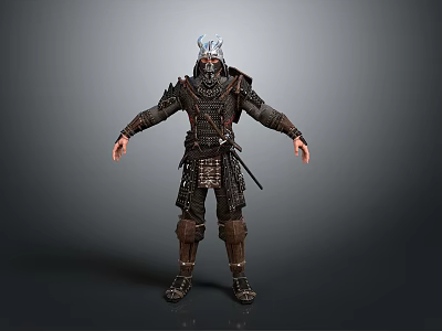 Warrior Character With Silver Helmet Dark Armor Leather Straps And Standing Pose Design 3d model