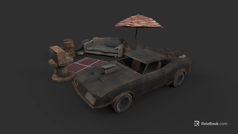 Old Rusty Car In Outdoor Setting With Sofa Umbrella Carpet And Barrel 3d model 