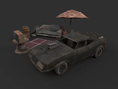 Old Rusty Car In Outdoor Setting With Sofa Umbrella Carpet And Barrel 3d model