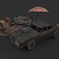 Old Rusty Car In Outdoor Setting With Sofa Umbrella Carpet And Barrel