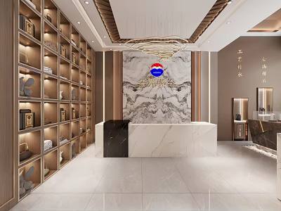 Elegant Tobacco And Alcohol Store Interior With Wooden Display Shelves Marble Backdrop And Front Counter 3d model