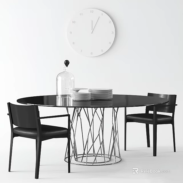 Black Round Dining Table With Metal Legs Black Chairs Glass Cloche Stacked Plates Wall Clock 3d model 