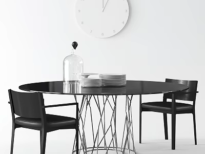 Black Round Dining Table With Metal Legs Black Chairs Glass Cloche Stacked Plates Wall Clock 3d model