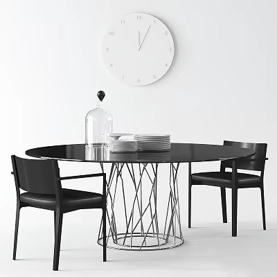 Black Round Dining Table With Metal Legs Black Chairs Glass Cloche Stacked Plates Wall Clock 3d model