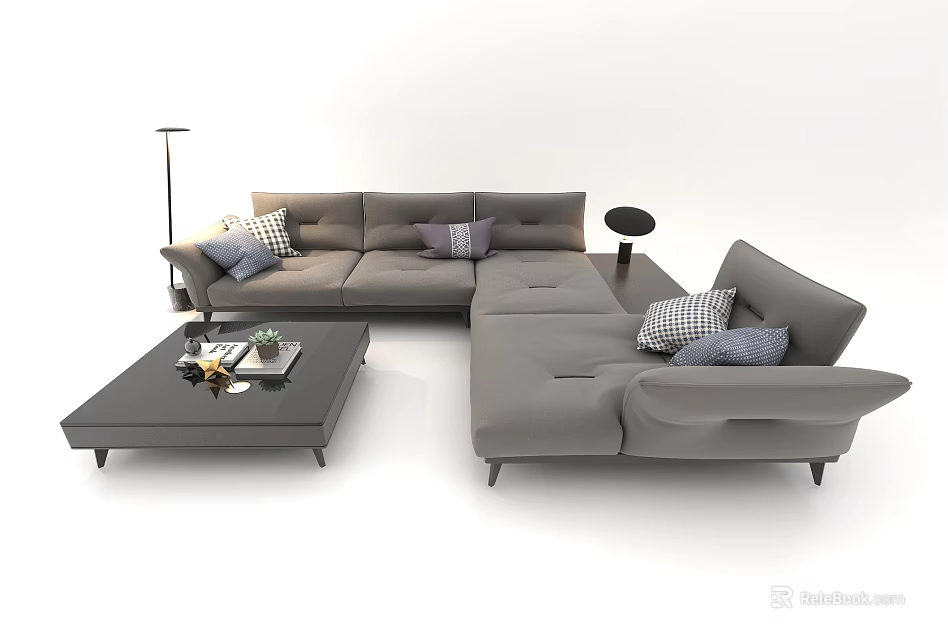 Stylish Gray Sectional Sofa with Checkered Pillows Coffee Table and Floor Lamp 3d model