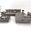 Stylish Gray Sectional Sofa with Checkered Pillows Coffee Table and Floor Lamp 3d model