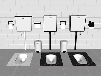 Three Squat Toilets With LONG Water Tanks And Trash Cans On Gray Floor 3d model