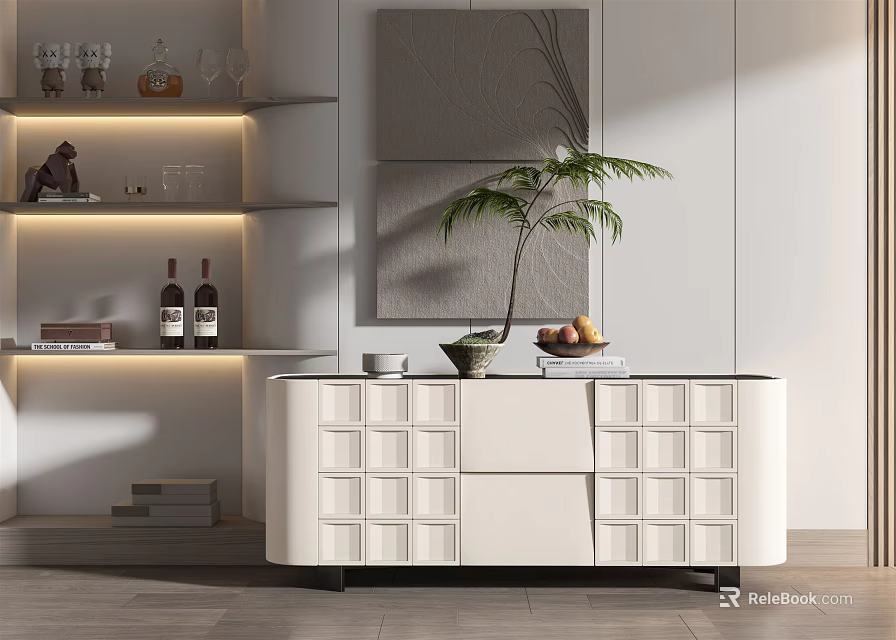 Elegant Modern Entryway Console Table With Geometric Design LED Lighting And Decorative Plants 3d model