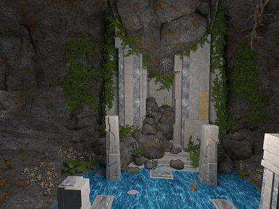 Ancient Cave Interior With Blue Water Pool Stone Pillars And Green Vines 3d model