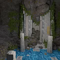 Ancient Cave Interior With Blue Water Pool Stone Pillars And Green Vines