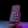 Smartphone on Wooden Stand with Screen Displaying App Icons Dark Background Purple Blue Lighting