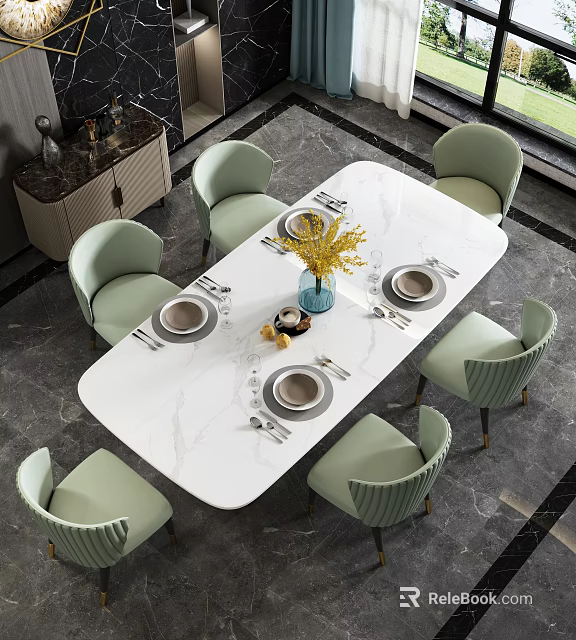 White Marble Dining Table Set with Six Light Green Chairs and Floral Vase 3d model 