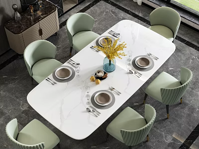 White Marble Dining Table Set with Six Light Green Chairs and Floral Vase 3d model