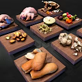 Whole Pig and Whole Chicken Displayed on Wooden Trays with Fresh Vegetables and Bread
