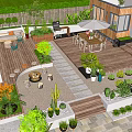 Beautiful Patio Garden With Wooden Deck Dining Set Umbrella And Lush Plants