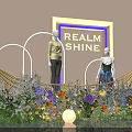 Elegant Window Display With REALM SHINE Sign Two Mannequins Colorful Flowers And Arched Lighting