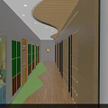 Bright Kindergarten Interior With Yellow Reception Desk Ceiling Decoration Animal Wall Decals And Green Plants