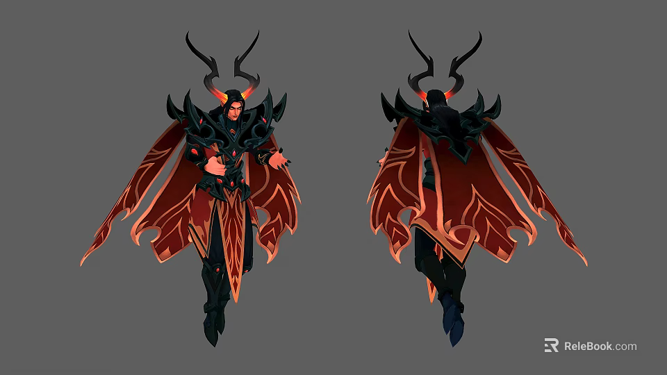 Male Character In Black And Red Horned Armor With Flowing Red Cloak 3d model 