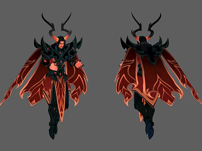 Male Character In Black And Red Horned Armor With Flowing Red Cloak 3d model