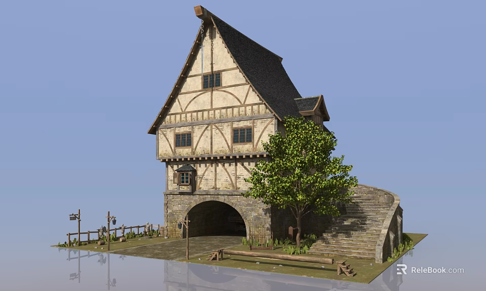 Medieval Half Timbered Building With Steep Roof Stone Archway Tree And Stone Wall 3d model 