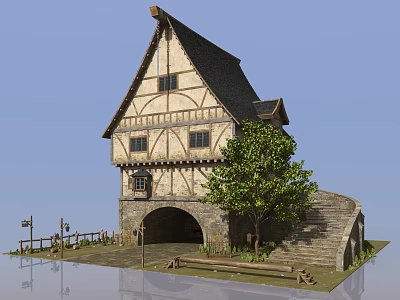 Medieval Half Timbered Building With Steep Roof Stone Archway Tree And Stone Wall 3d model