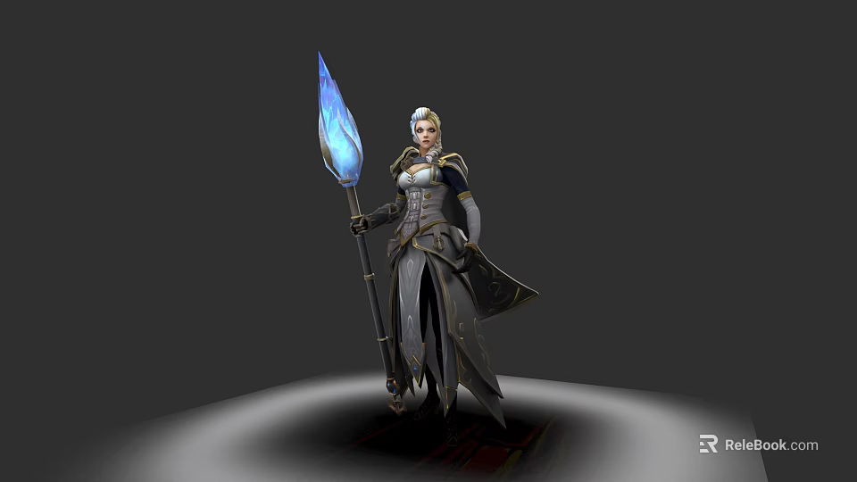 Cloaked Female Warrior in Armor Holding Blue Glowing Spear Against Dark Background 3d model 