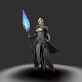 Cloaked Female Warrior in Armor Holding Blue Glowing Spear Against Dark Background
