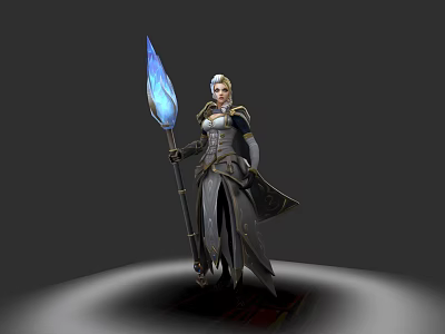 Cloaked Female Warrior in Armor Holding Blue Glowing Spear Against Dark Background 3d model