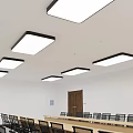Rectangular Ceiling Lights On White Ceiling Illuminating Bright Room With Long Tables Chairs And Windows 3d model