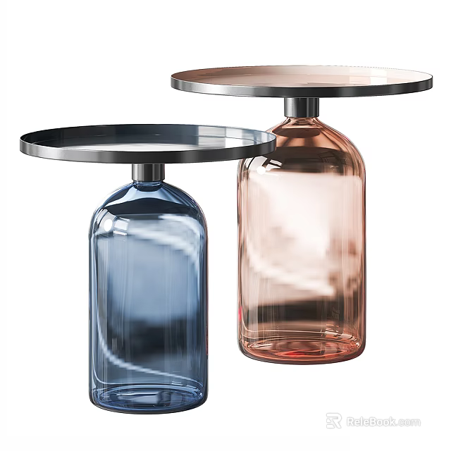 Stylish Side Tables With Bottle Shaped Glass Bases Blue And Copper Round Metal Tops 3d model 