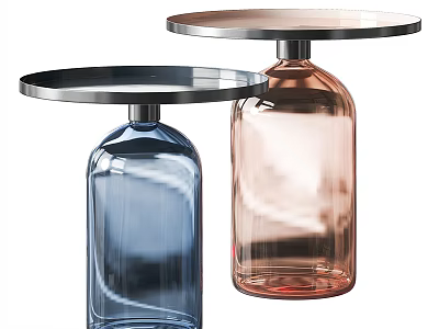 Stylish Side Tables With Bottle Shaped Glass Bases Blue And Copper Round Metal Tops 3d model