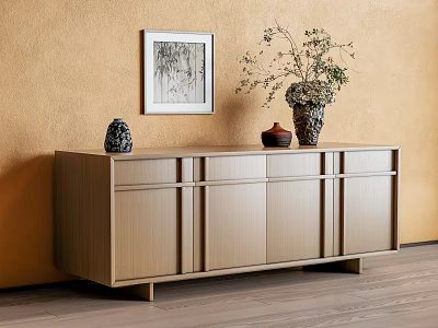 Modern Wooden Entryway Cabinet Sideboard Against Beige Wall With Vase Plant Decor And Wall Art 3d model