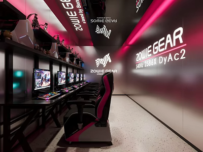 Modern Gaming Cafe Interior With ZOWIE GEAR DYAC2 Monitors And Pink Black Gaming Chairs 3d model