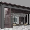 Modern Pergola With Lattice Sides Sofa Coffee Table And Tile Floor