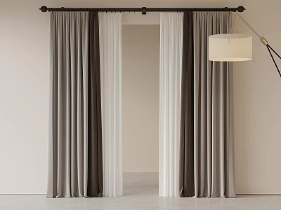 Modern Gray Curtains With White Sheer Panels And Black Curtain Rod In Minimalist Room 3d model