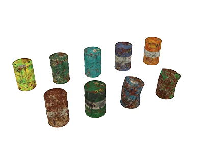 Collection Of Vintage Rusted Oil Drums In Various Colors And Styles 3d model